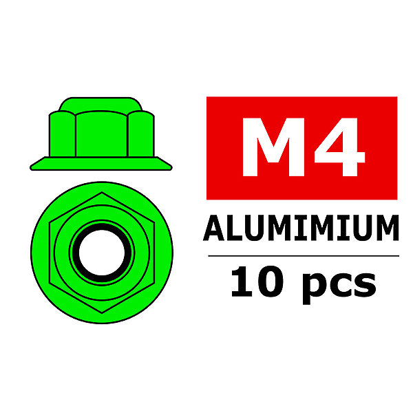 CORALLY ALUMINIUM NYLSTOP NUT M4 FLANGED GREEN 10 PCS