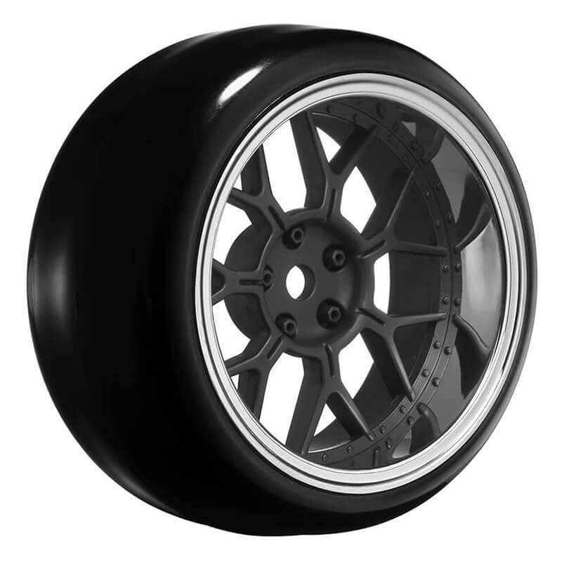 LOUISE RC 1/10 DRIFT 2,4,6,8MM OFFSET 14-SPOKE WHEELS MATTE BLACK WITH TYRES