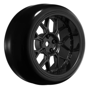 LOUISE RC 1/10 DRIFT 2,4,6,8MM OFFSET 14-SPOKE WHEELS GLOSS BLACK WITH TYRES