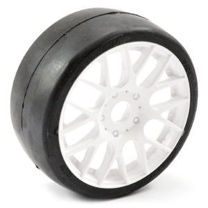 SWEEP 1/8TH EXP GT SLICK GLUED 50DEG TYRES W/ BELT / EVO16 WHITE WHEELS / HIGH (PR)